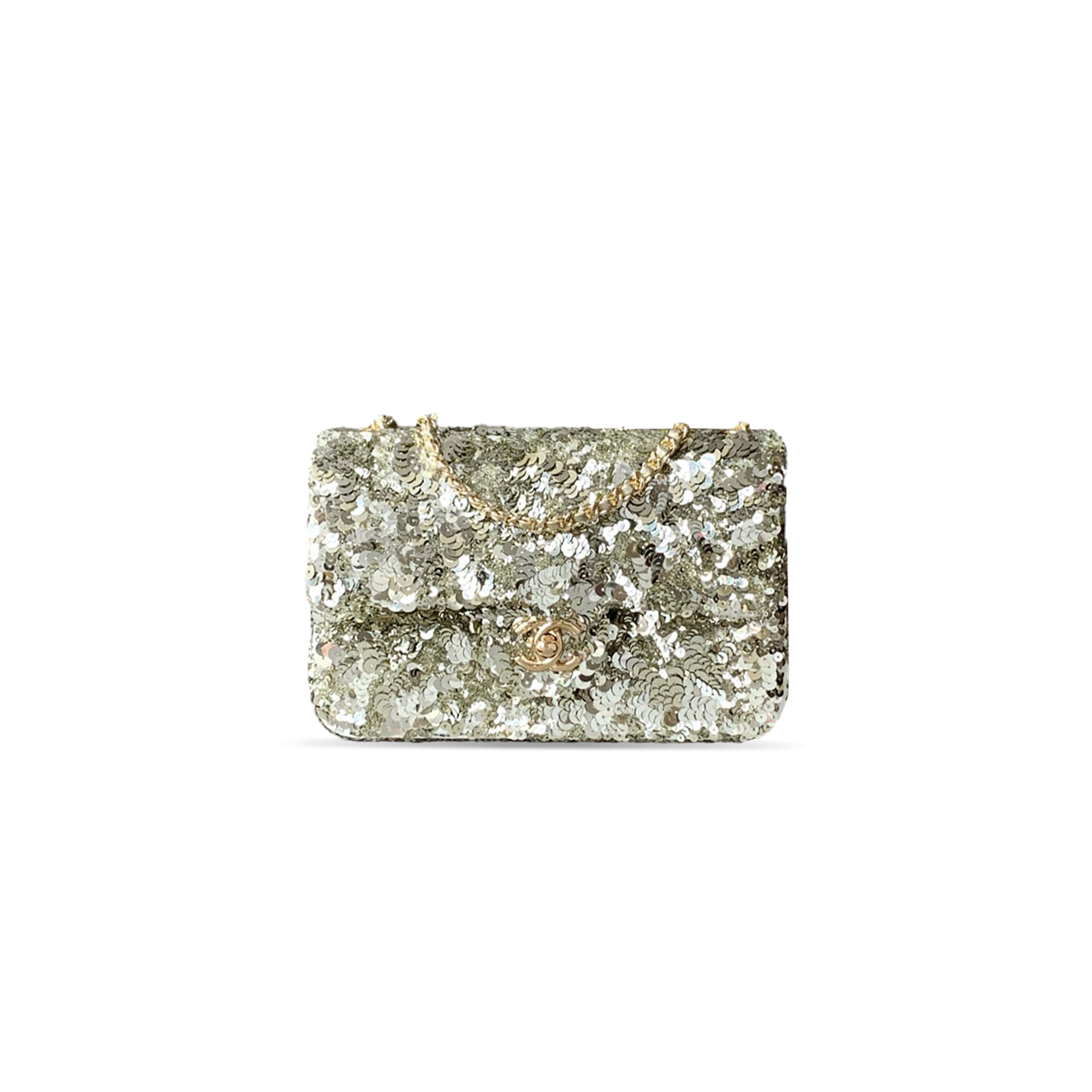CHANEL FLAP BAG SEQUINS & GOLD-TONE METAL GOLDEN AS4561 (21*14*8cm)